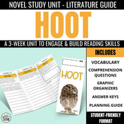 Hoot Novel Study: Comprehension Questions & Vocabulary for Carl Hiaasen's book